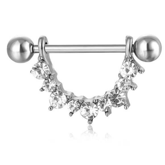 Silver ~ Half Circle Crystal Nipple Bar - Picture 5 of 7